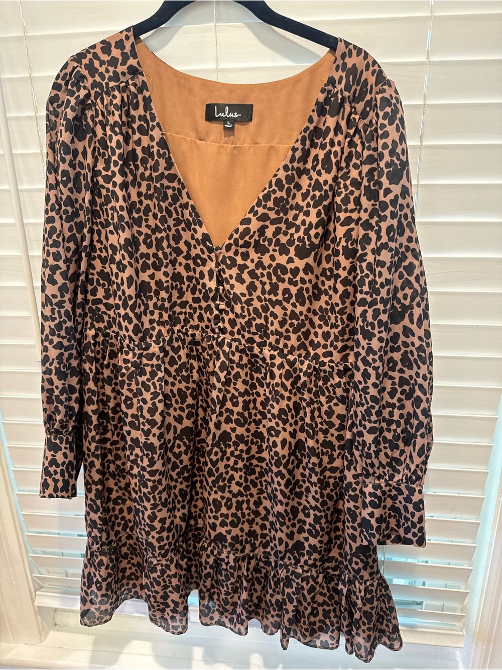 Lulu's Tan and Black Leopard Print V-Neck Tiered Dress